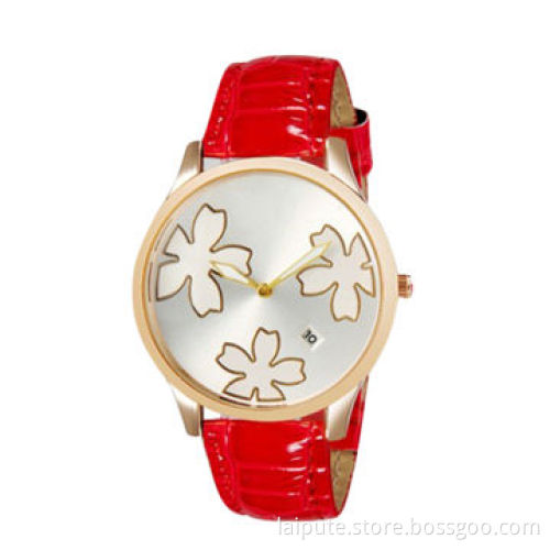 Women's Flower Print Dial Round Analog Calendar Function Quartz Watch with Red PU Leather Strap